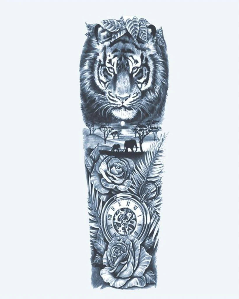 Tiger & Safari Clock semi-permanent tattoo design by INKON – majestic, full, sleeve, tiger, african illustration, 8 x 20 in (20x50cm), available at inkon.co