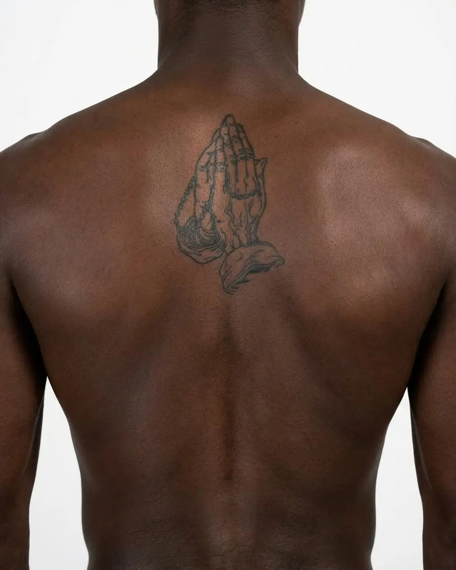 INKON Praying Hands with Rosary semi-permanent tattoo applied on a man – 4 x 7 in (10x17cm) design, realistic ink look, lasts 10 days