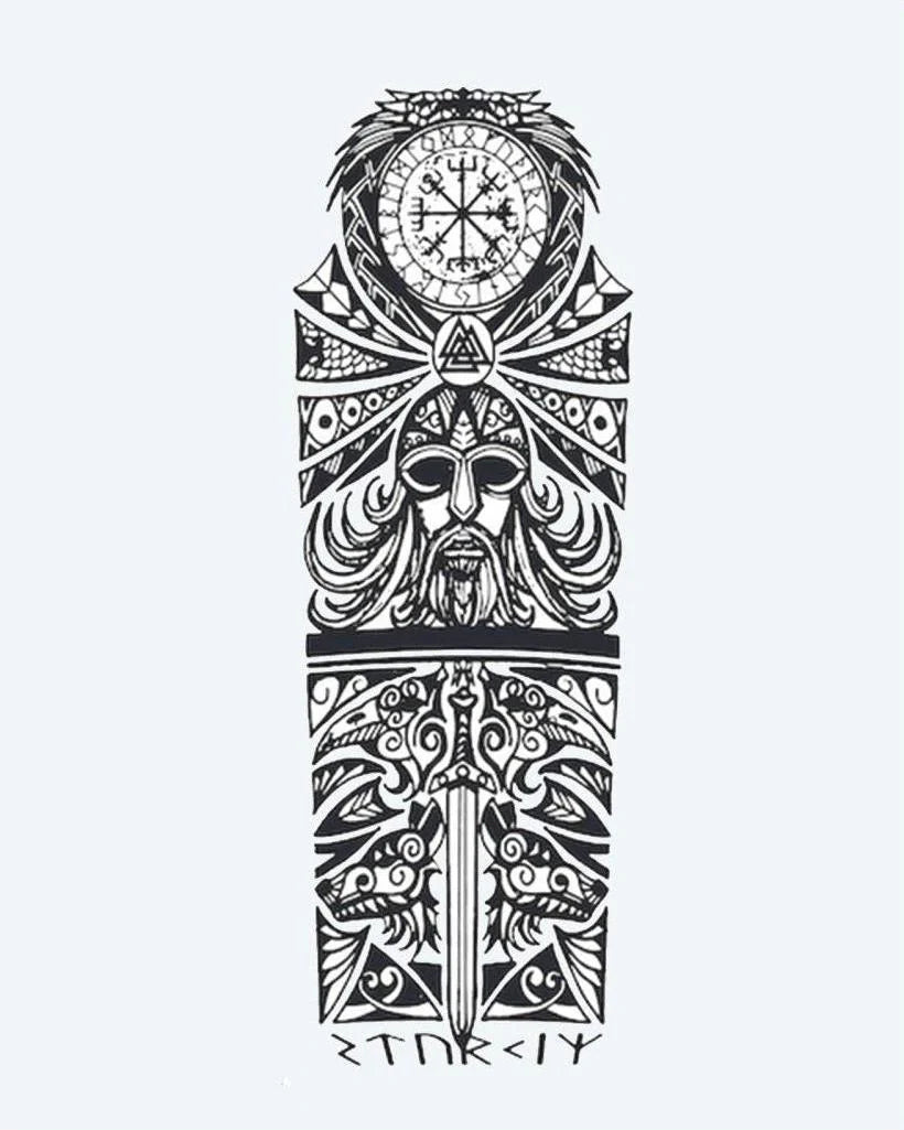 Viking Odin & Runes semi-permanent tattoo design by INKON – norse, mythology, full, sleeve, odin illustration, 8 x 20 in (20x50cm), available at inkon.co