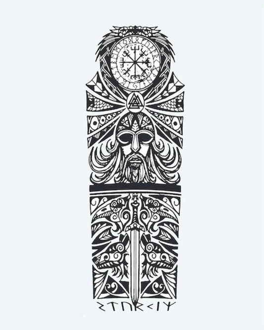 Viking Odin & Runes semi-permanent tattoo design by INKON – norse, mythology, full, sleeve, odin illustration, 8 x 20 in (20x50cm), available at inkon.co