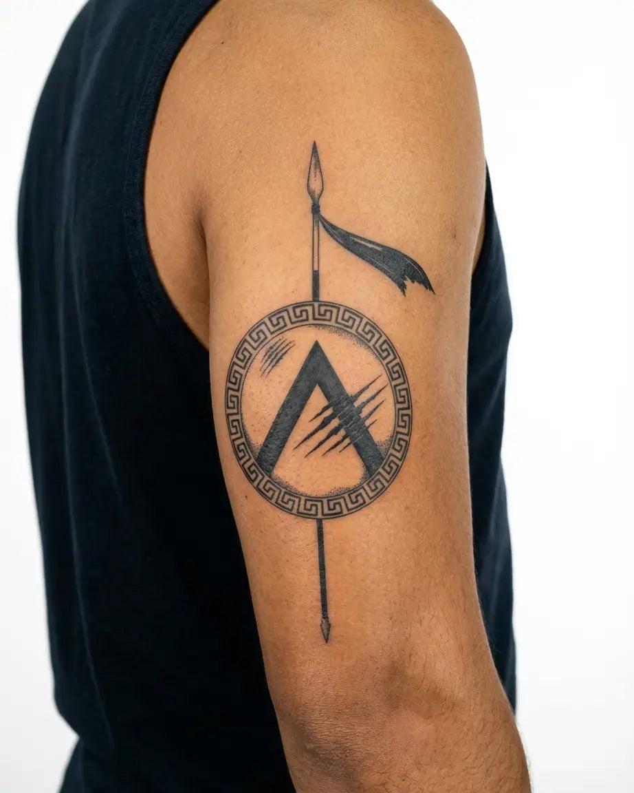 INKON Spartan Shield & Spear semi-permanent tattoo applied on a man – 4 x 7 in (10x17cm) design, realistic ink look, lasts 10 days