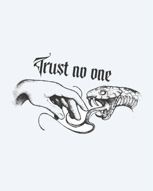 Trust No One Snake Bite semi-permanent tattoo design by INKON – reaching, toward, snake, gothic, script illustration, 4 x 7 in (10x17cm), available at inkon.co