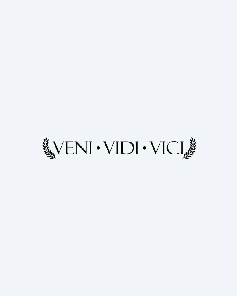 Veni Vidi Vici semi-permanent tattoo design by INKON – latin, phrase, veni, vidi, vici illustration, 4 x 7 in (10x17cm), available at inkon.co