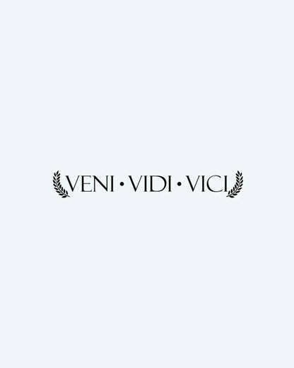 Veni Vidi Vici semi-permanent tattoo design by INKON – latin, phrase, veni, vidi, vici illustration, 4 x 7 in (10x17cm), available at inkon.co
