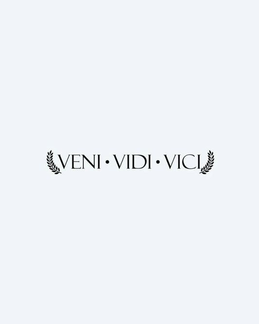 Veni Vidi Vici semi-permanent tattoo design by INKON – latin, phrase, veni, vidi, vici illustration, 4 x 7 in (10x17cm), available at inkon.co