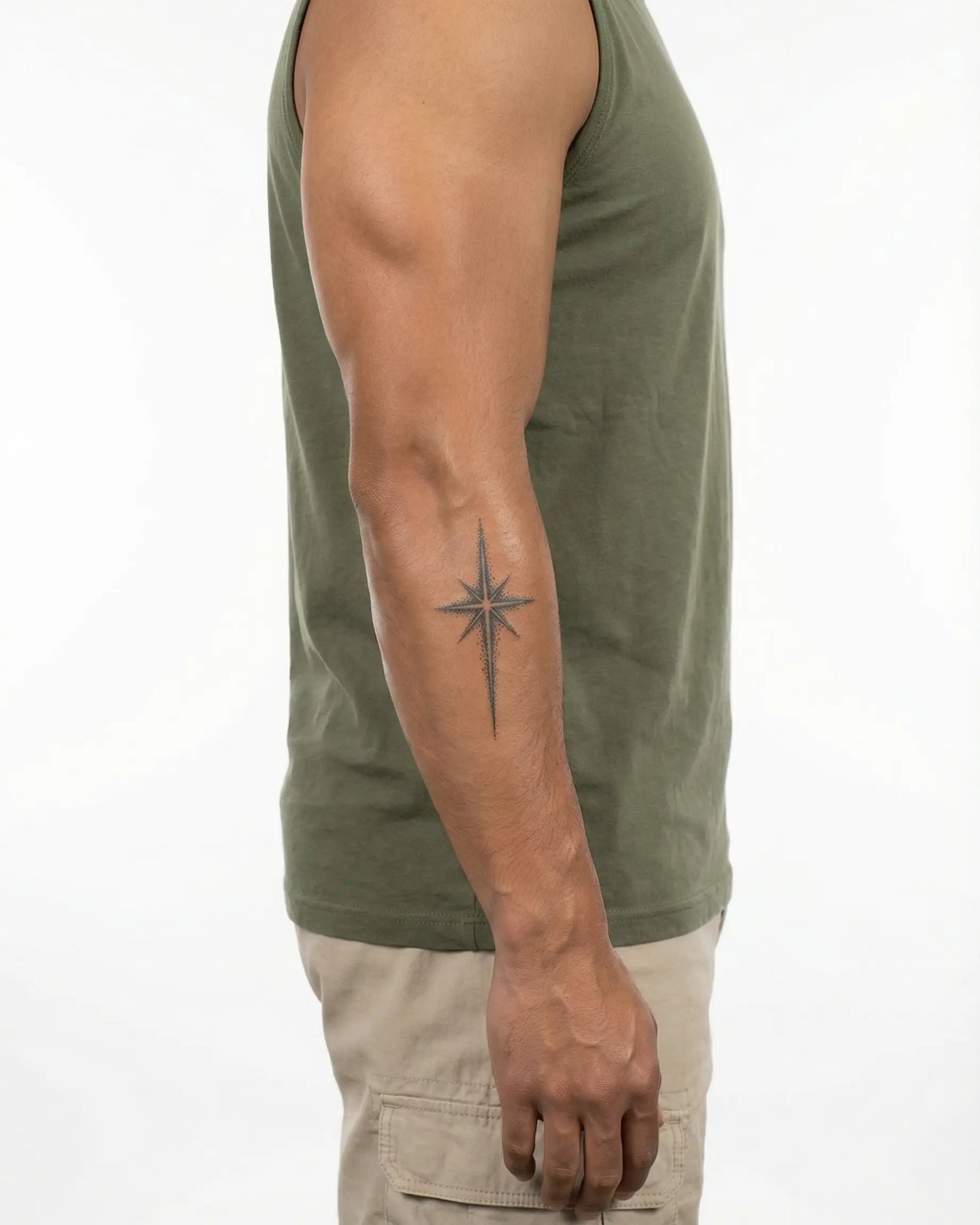 INKON North Star semi-permanent tattoo applied on a man – 3 x 4 in (6x11cm) design, realistic ink look, lasts 10 days