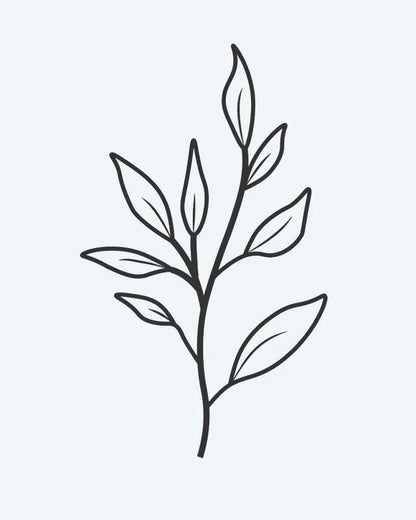 Leaf Branch semi-permanent tattoo design by INKON – botanical, branch, multiple, leaves, line illustration, 2 x 2 in (5x5cm), available at inkon.co