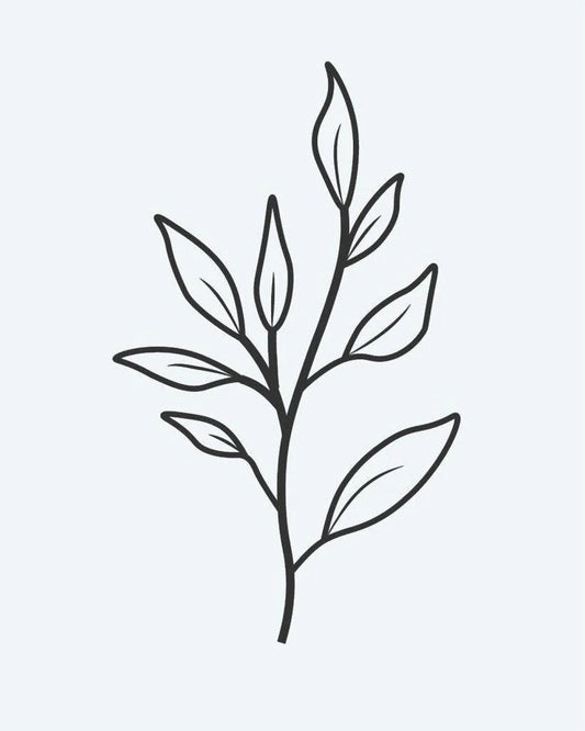 Leaf Branch semi-permanent tattoo design by INKON – botanical, branch, multiple, leaves, line illustration, 2 x 2 in (5x5cm), available at inkon.co