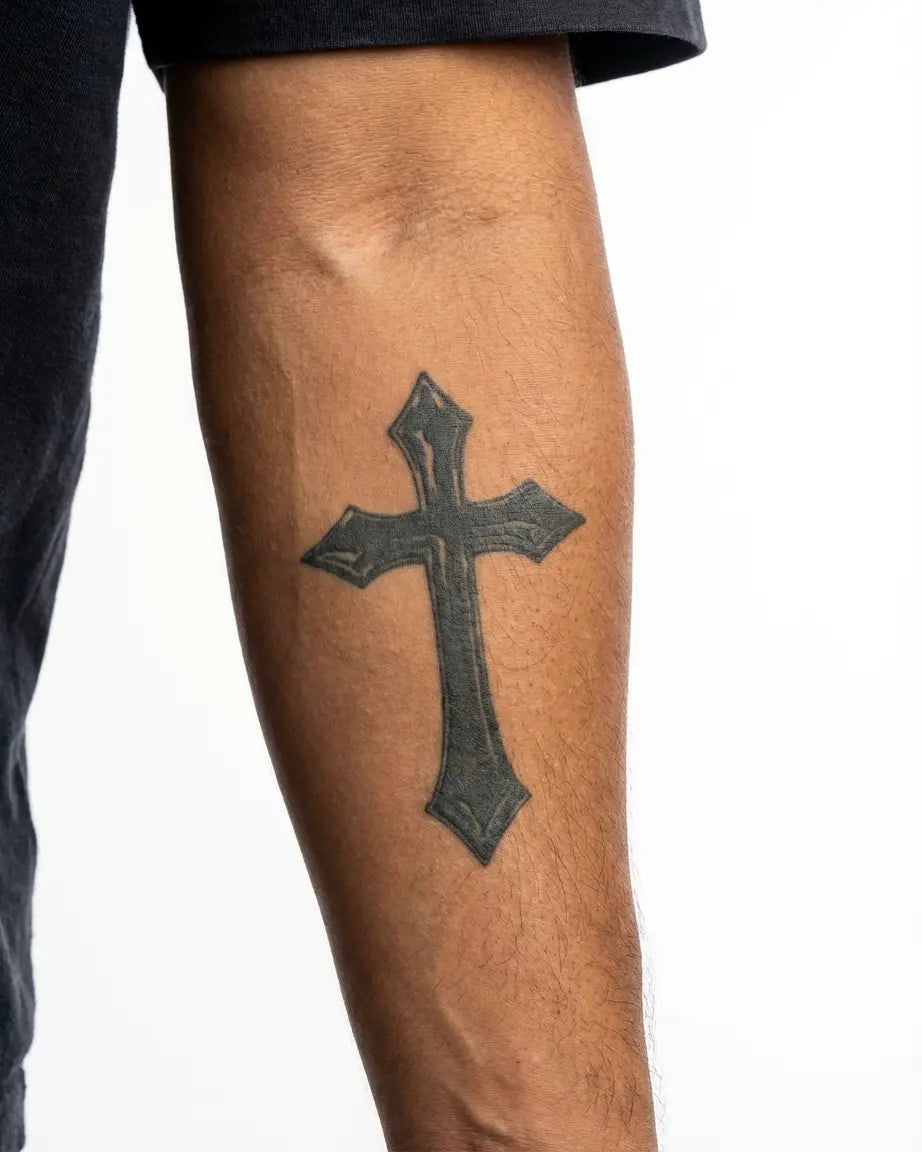 INKON Gothic Cross semi-permanent tattoo applied on a man – 3 x 4 in (7x10cm) design, realistic ink look, lasts 10 days