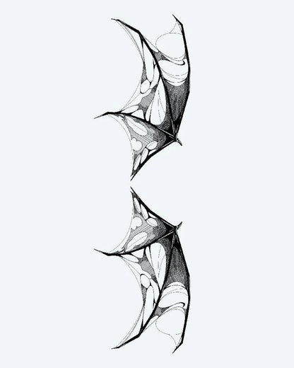 Tattered Demon Wings semi-permanent tattoo design by INKON – illustrative, blackwork, shading, defines, pair illustration, 4 x 8 in (11x21cm), available at inkon.co