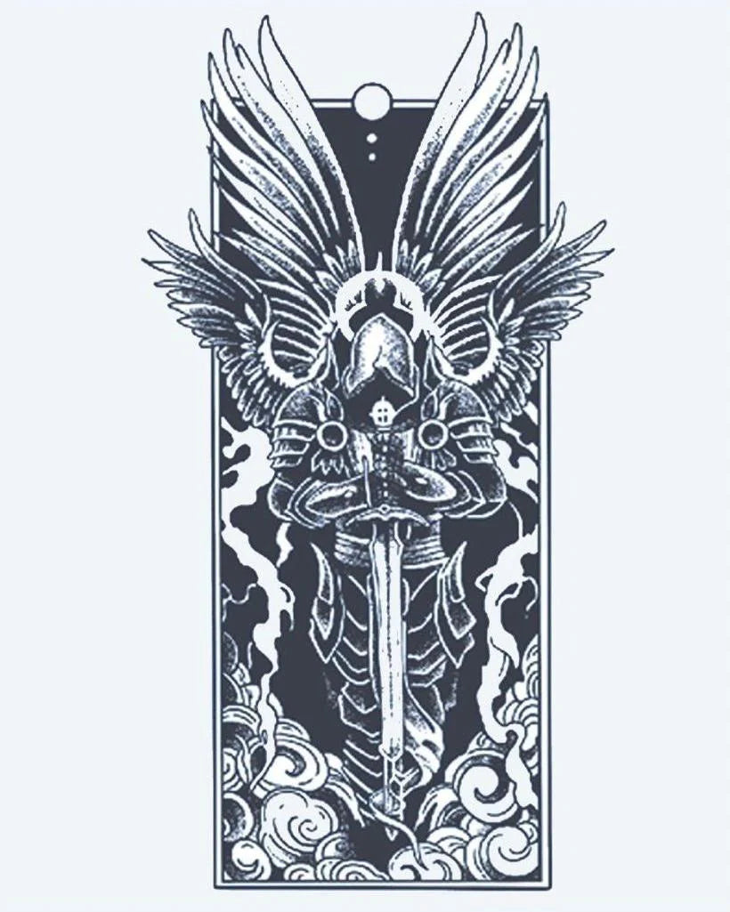 Dark Archangel semi-permanent tattoo design by INKON – armored, archangel, spread, wings, holding illustration, 4 x 7 in (10x17cm), available at inkon.co