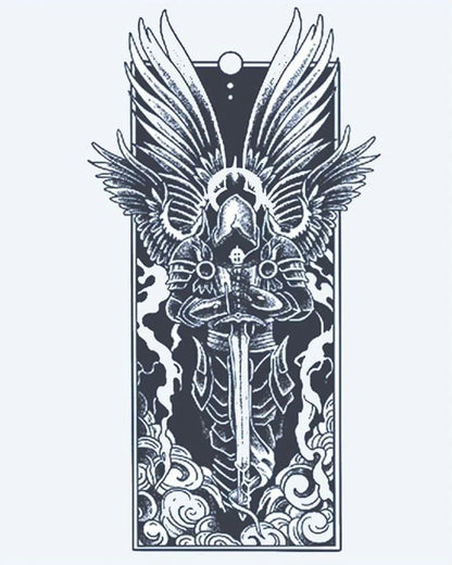 Dark Archangel semi-permanent tattoo design by INKON – armored, archangel, spread, wings, holding illustration, 4 x 7 in (10x17cm), available at inkon.co
