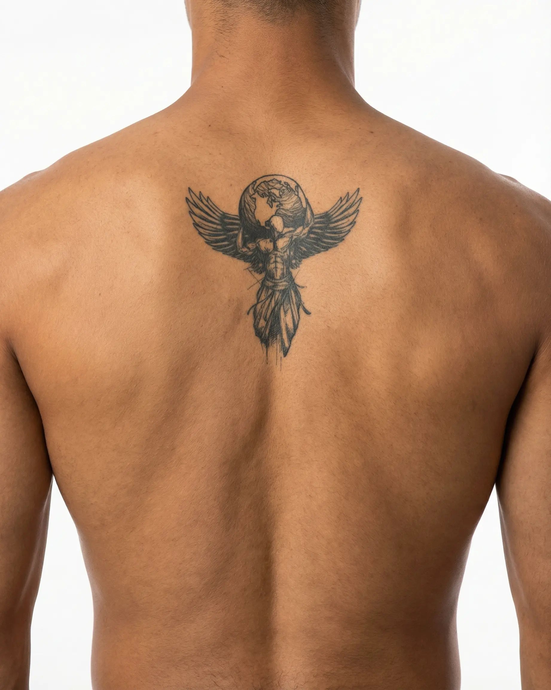 INKON Winged Atlas semi-permanent tattoo applied on a man – 4 x 8 in (11x21cm) design, realistic ink look, lasts 10 days