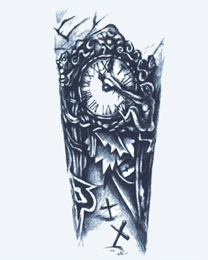 Gothic Clock Tower semi-permanent tattoo design by INKON – dark, gothic, clock, roman, numerals illustration, 4 x 7 in (10x17cm), available at inkon.co