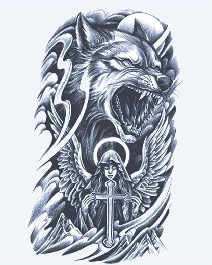 Wolf & Guardian Angel semi-permanent tattoo design by INKON – snarling, wolf, above, guardian, angel illustration, 4 x 7 in (10x17cm), available at inkon.co
