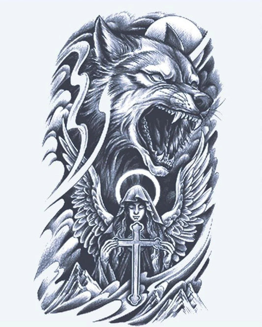 Wolf & Guardian Angel semi-permanent tattoo design by INKON – snarling, wolf, above, guardian, angel illustration, 4 x 7 in (10x17cm), available at inkon.co