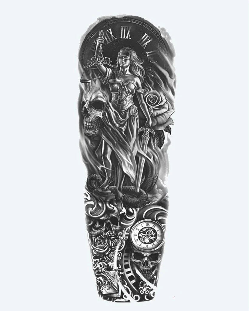 Lady Justice & Skulls semi-permanent tattoo design by INKON – dramatic, full, sleeve, lady, justice illustration, 8 x 20 in (20x50cm), available at inkon.co