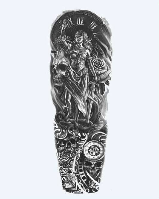 Lady Justice & Skulls semi-permanent tattoo design by INKON – dramatic, full, sleeve, lady, justice illustration, 8 x 20 in (20x50cm), available at inkon.co