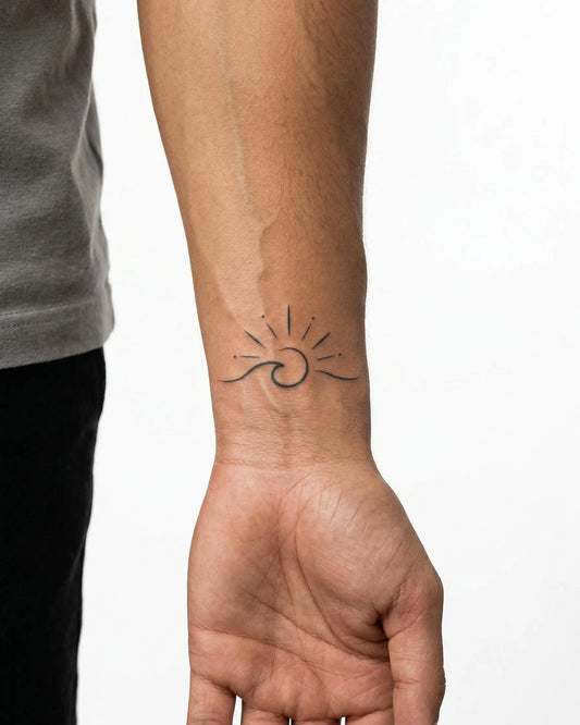 INKON Wave & Sunshine semi-permanent tattoo applied on a man – 2 x 2 in (5x5cm) design, realistic ink look, lasts 10 days