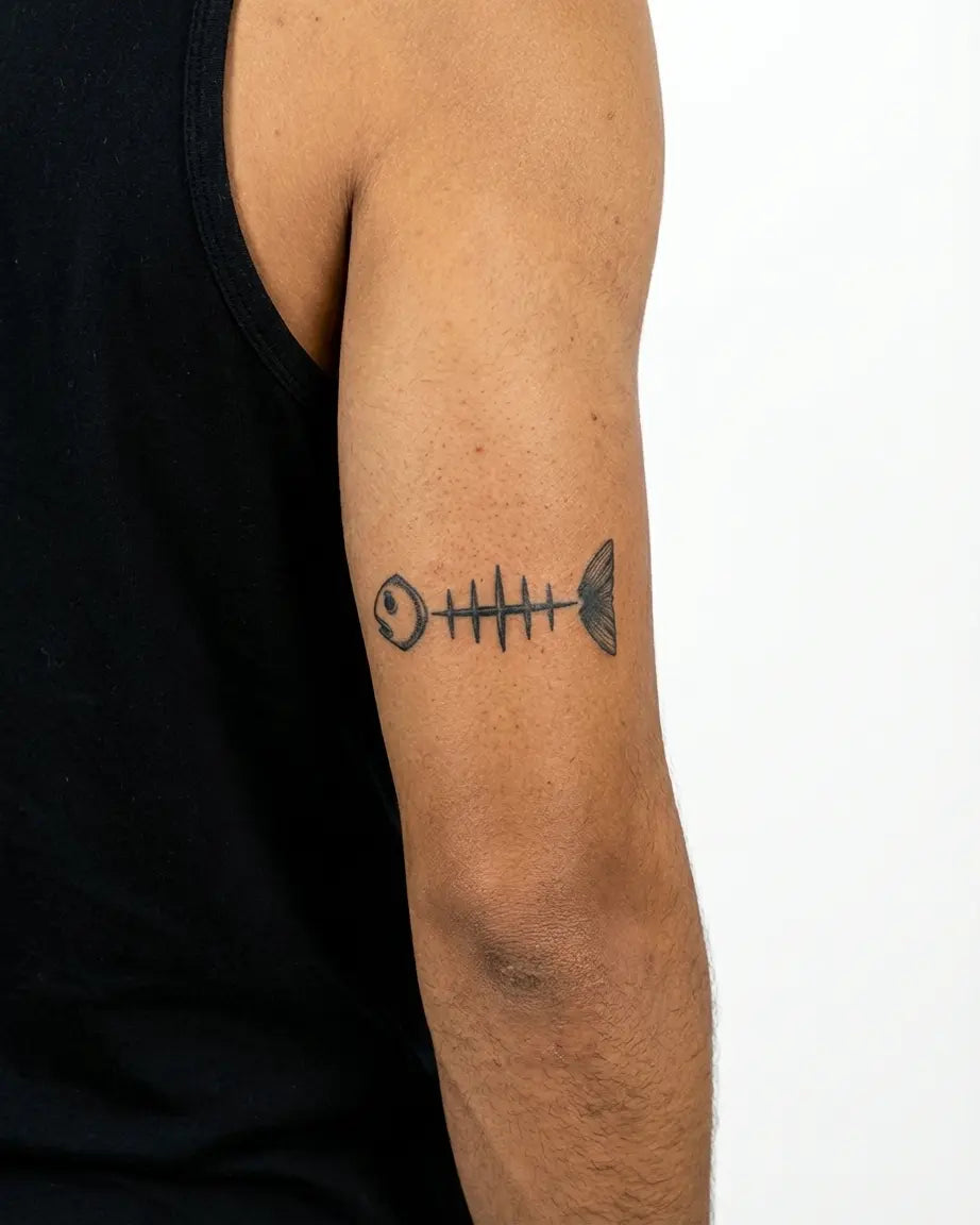 INKON Minimalist Fish Skeleton semi-permanent tattoo applied on a man – 3 x 4 in (6x11cm) design, realistic ink look, lasts 10 days