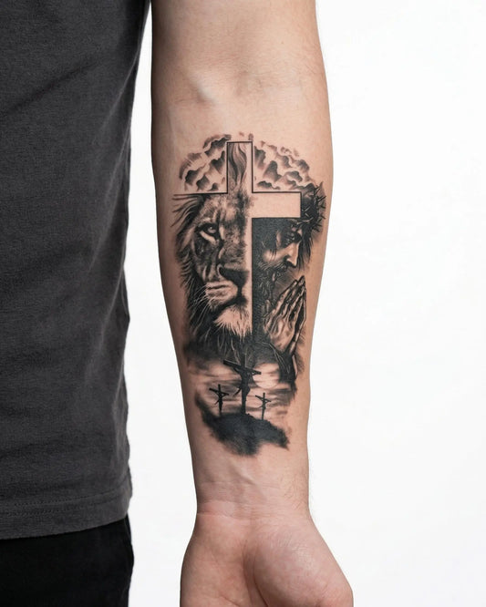 INKON Lion & Cross Faith semi-permanent tattoo applied on a man – 4 x 7 in (10x17cm) design, realistic ink look, lasts 10 days