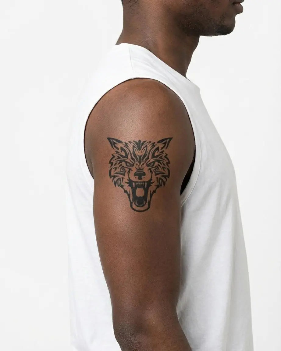 INKON Tribal Wolf semi-permanent tattoo applied on a man – 3 x 4 in (7x10cm) design, realistic ink look, lasts 10 days