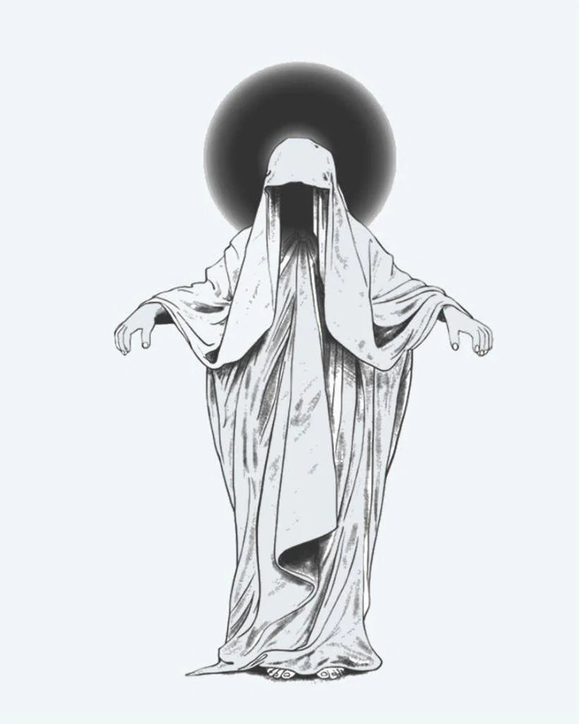 Veiled Phantom semi-permanent tattoo design by INKON – mysterious, robed, figure, veiled, face illustration, 4 x 7 in (10x17cm), available at inkon.co