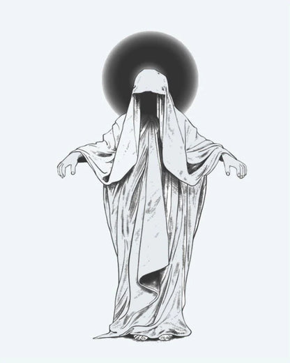 Veiled Phantom semi-permanent tattoo design by INKON – mysterious, robed, figure, veiled, face illustration, 4 x 7 in (10x17cm), available at inkon.co