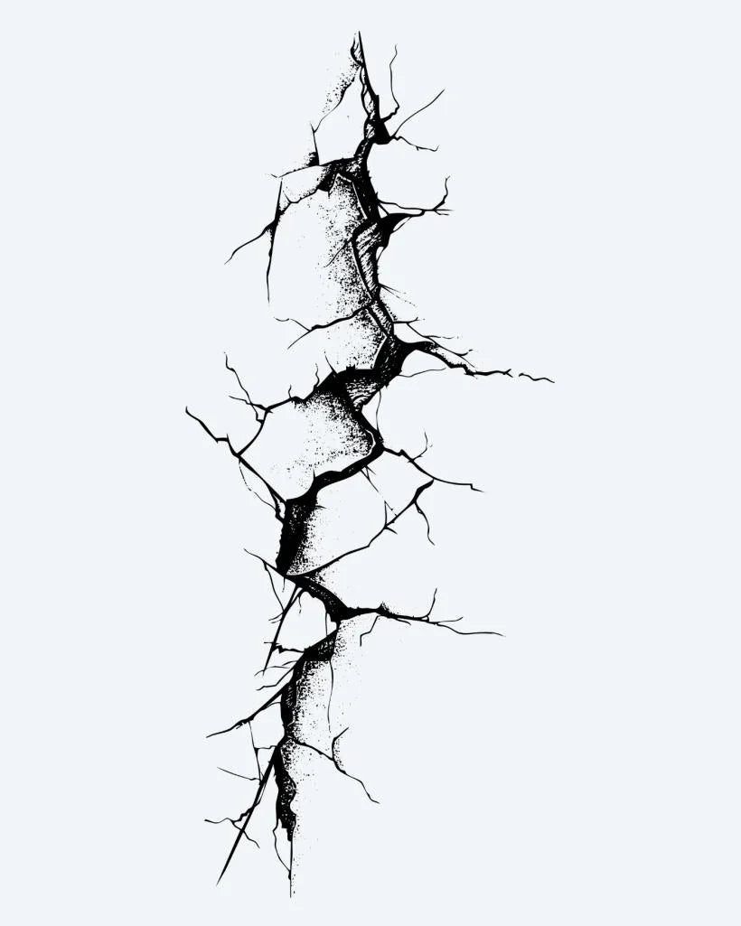 Cracked Wall semi-permanent tattoo design by INKON – cracked, broken, wall, surface, deep illustration, 4 x 8 in (11x21cm), available at inkon.co