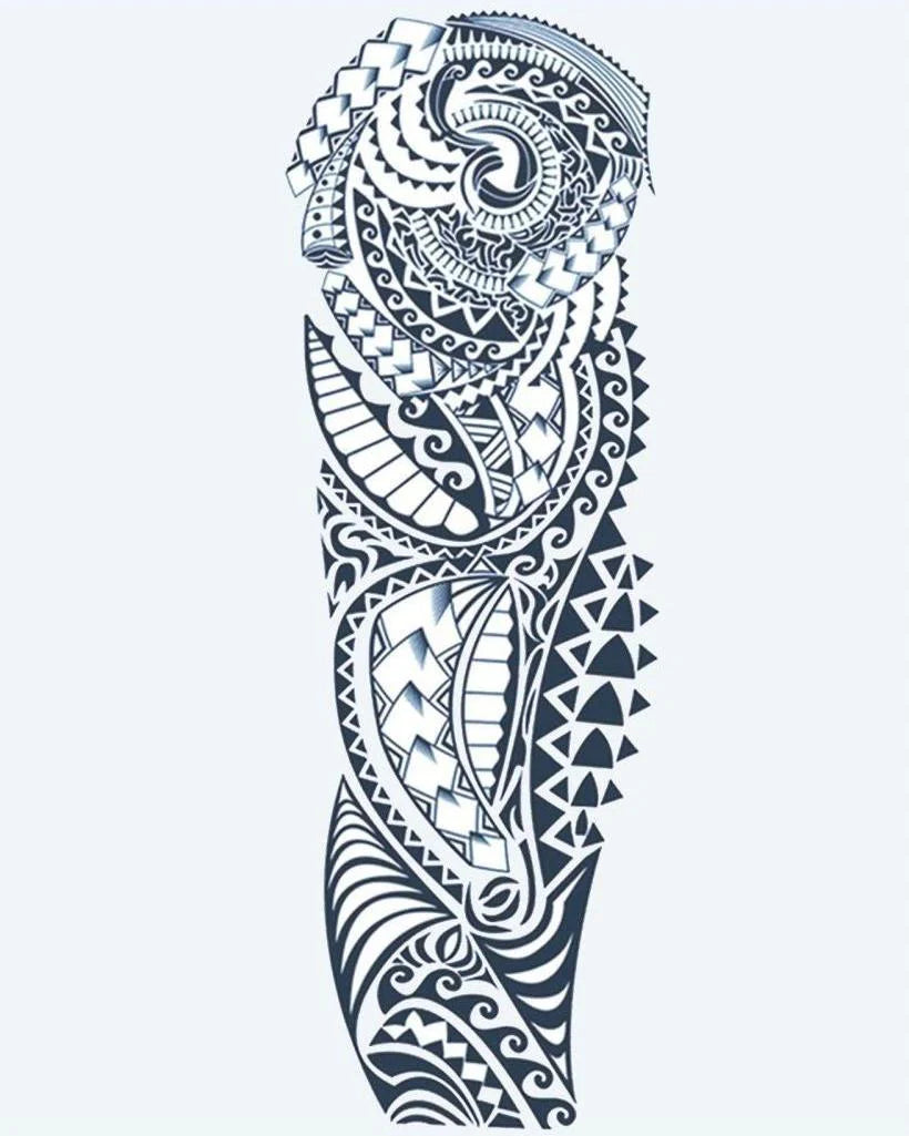 Polynesian Tribal semi-permanent tattoo design by INKON – polynesian, tribal, full, sleeve, maori illustration, 8 x 20 in (20x50cm), available at inkon.co