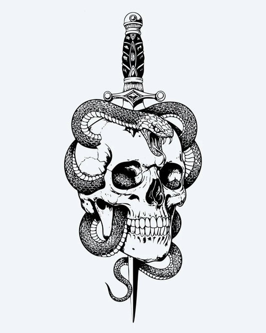 Skull, Snake & Dagger semi-permanent tattoo design by INKON – skull, pierced, ornate, dagger, snake illustration, 4 x 8 in (11x21cm), available at inkon.co
