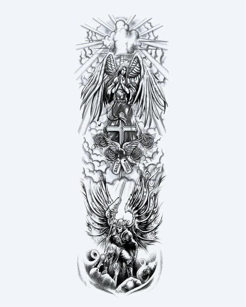 Angels & Cross Sleeve semi-permanent tattoo design by INKON – majestic, full, sleeve, guardian, angels illustration, 8 x 20 in (20x50cm), available at inkon.co