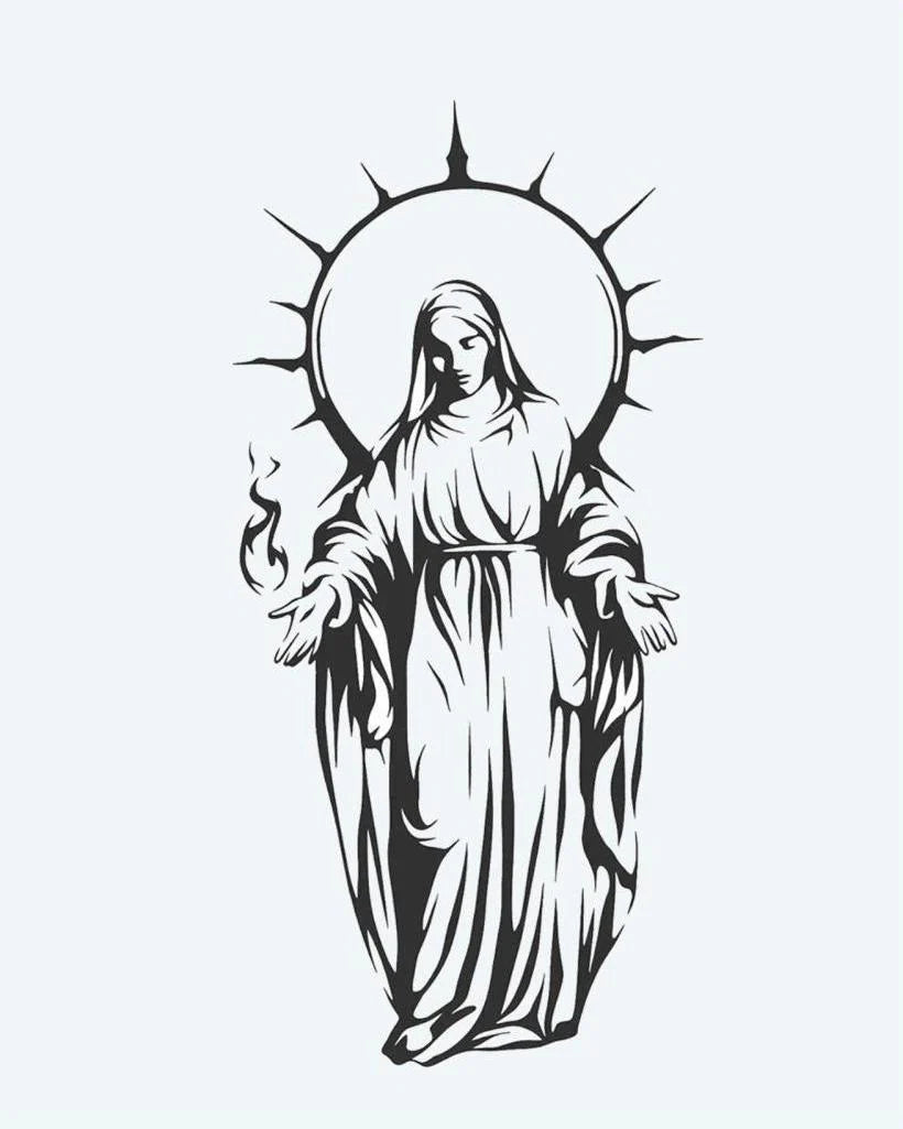 Virgin Mary with Halo semi-permanent tattoo design by INKON – graceful, depiction, virgin, mary, radiant illustration, 4 x 7 in (10x17cm), available at inkon.co