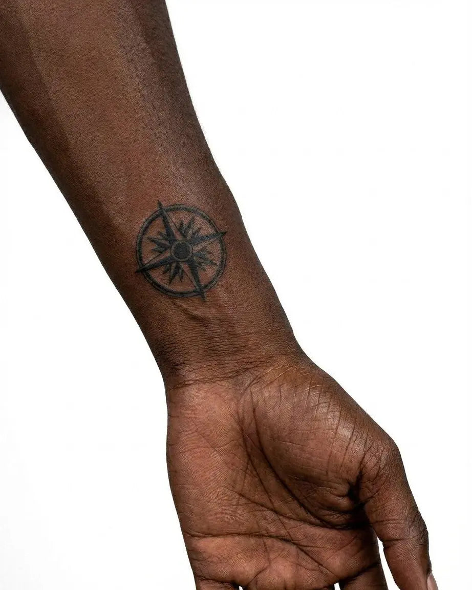 INKON Compass Rose semi-permanent tattoo applied on a man – 2 x 2 in (5x5cm) design, realistic ink look, lasts 10 days