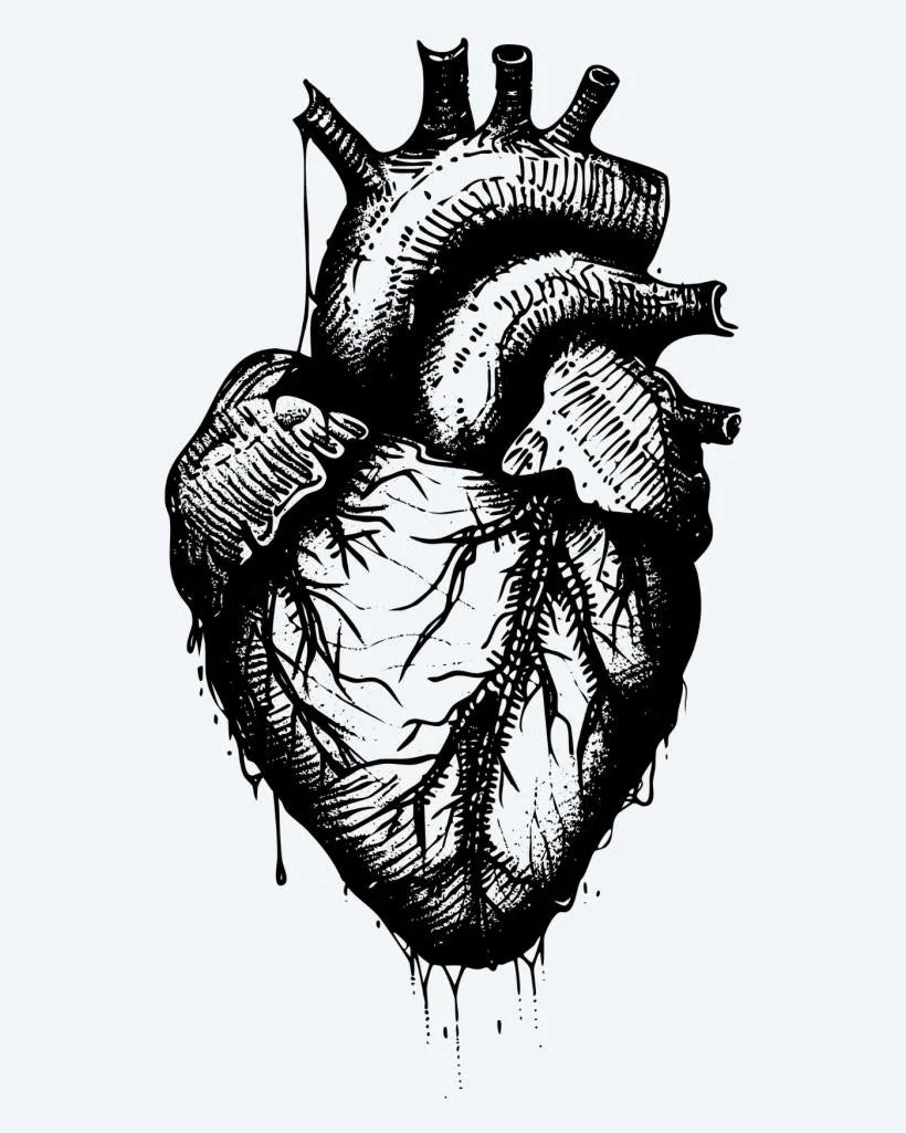Anatomical Heart semi-permanent tattoo design by INKON – anatomical, human, heart, dripping, effect illustration, 4 x 4 in (9x9cm), available at inkon.co