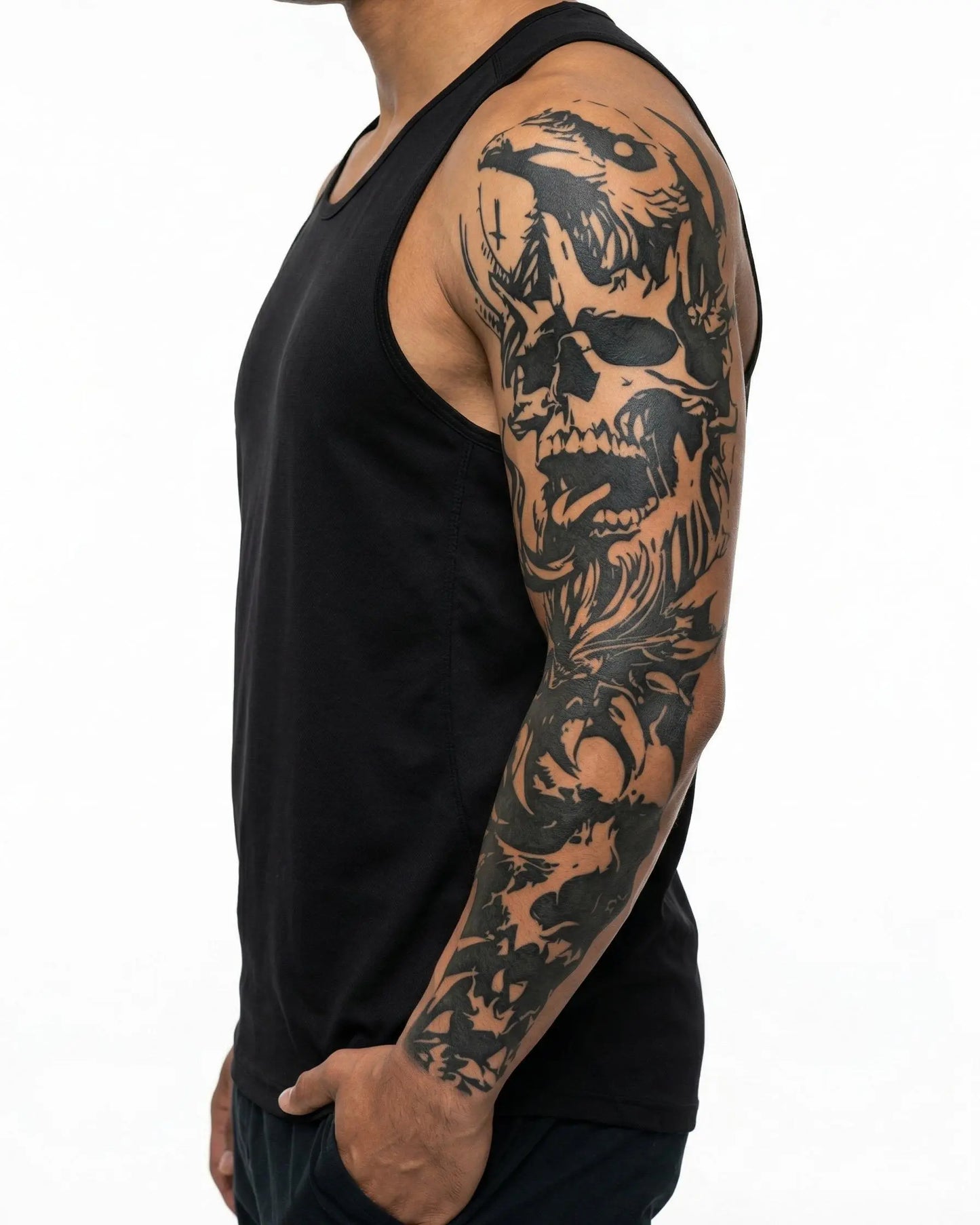 INKON Skull & Floral Chaos semi-permanent tattoo applied on a man – 8 x 20 in (20x50cm) design, realistic ink look, lasts 10 days