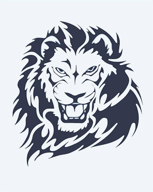Roaring Lion semi-permanent tattoo design by INKON – roaring, lion, head, flowing, mane illustration, 2 x 2 in (5x5cm), available at inkon.co