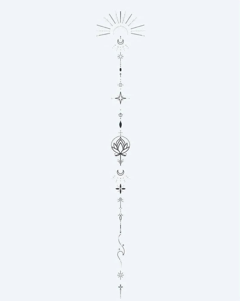 Celestial Lotus Totem semi-permanent tattoo design by INKON – vertical, fine, line, ornament, moon illustration, 4 x 7 in (10x17cm), available at inkon.co
