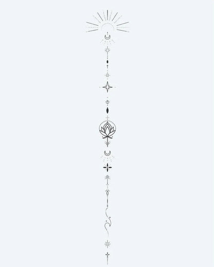 Celestial Lotus Totem semi-permanent tattoo design by INKON – vertical, fine, line, ornament, moon illustration, 4 x 7 in (10x17cm), available at inkon.co