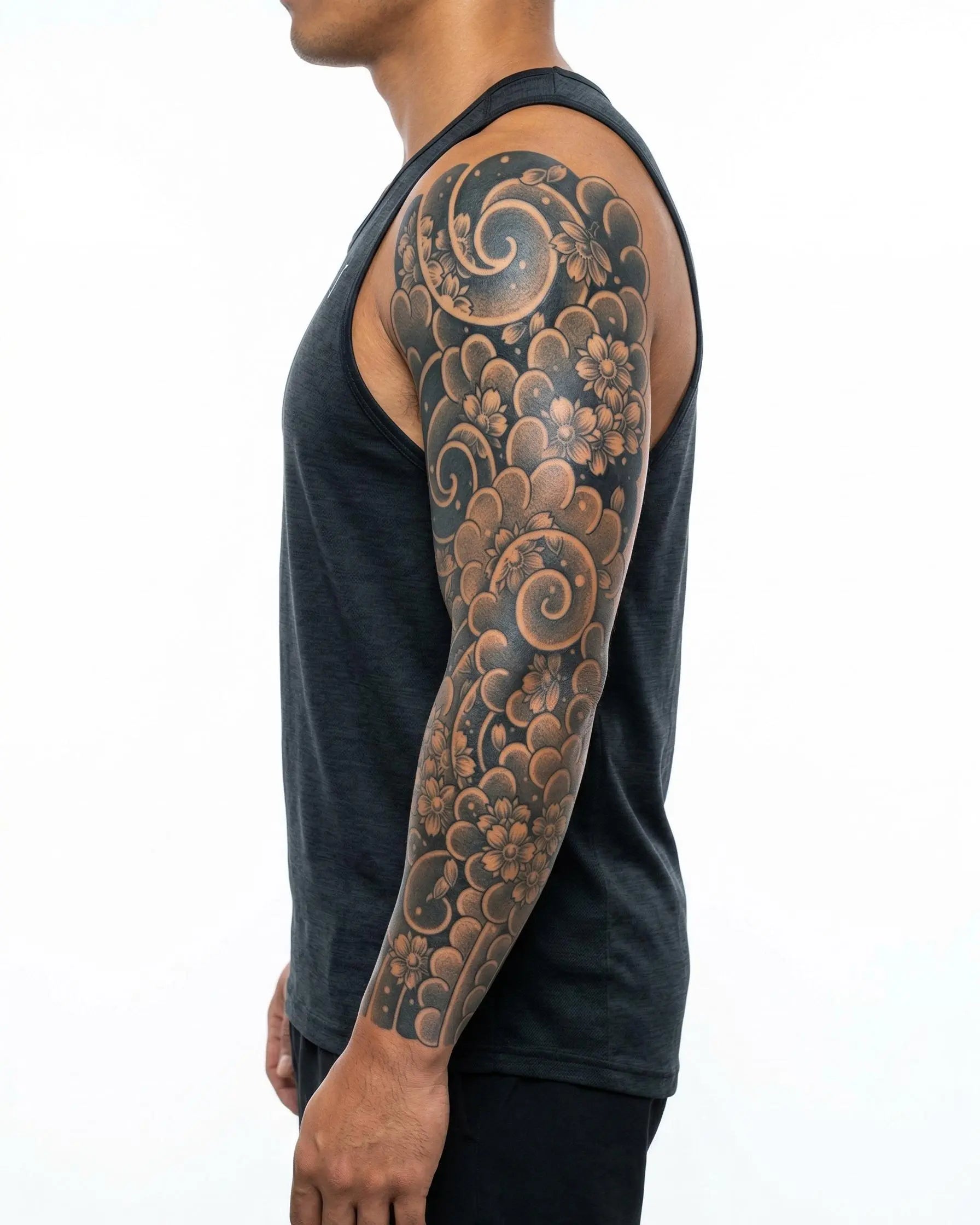 INKON Japanese Clouds & Cherry Blossoms semi-permanent tattoo applied on a man – 8 x 20 in (20x50cm) design, realistic ink look, lasts 10 days