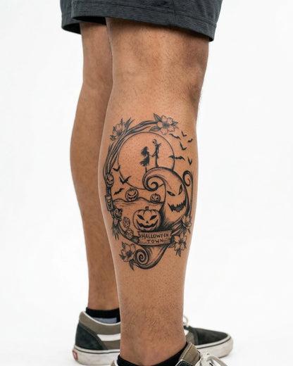 INKON Halloween Town semi-permanent tattoo applied on a man – 4 x 7 in (10x17cm) design, realistic ink look, lasts 10 days