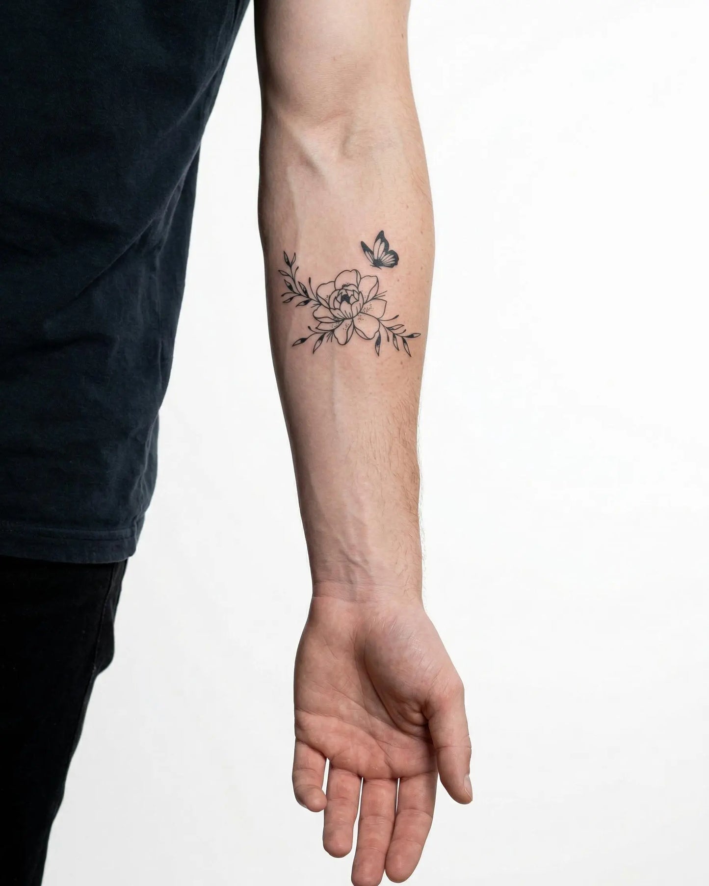 INKON Peony & Butterfly semi-permanent tattoo applied on a man – 3 x 4 in (6x11cm) design, realistic ink look, lasts 10 days