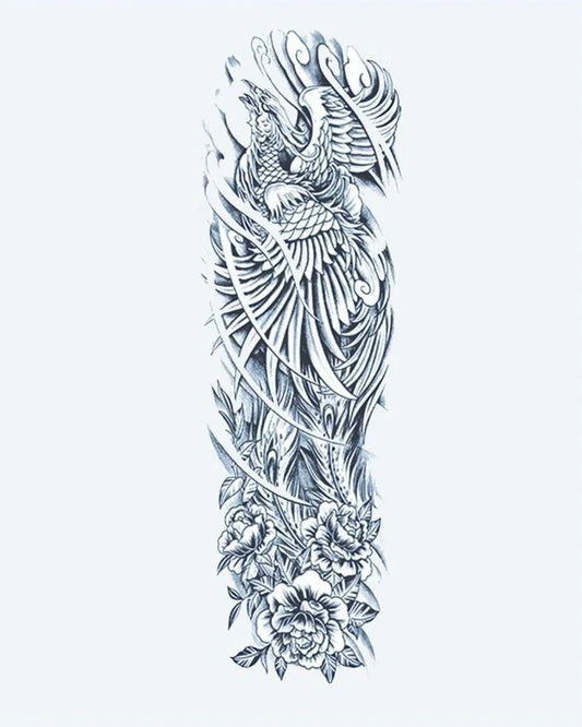Phoenix Rising semi-permanent tattoo design by INKON – magnificent, full, sleeve, phoenix, rising illustration, 8 x 20 in (20x50cm), available at inkon.co