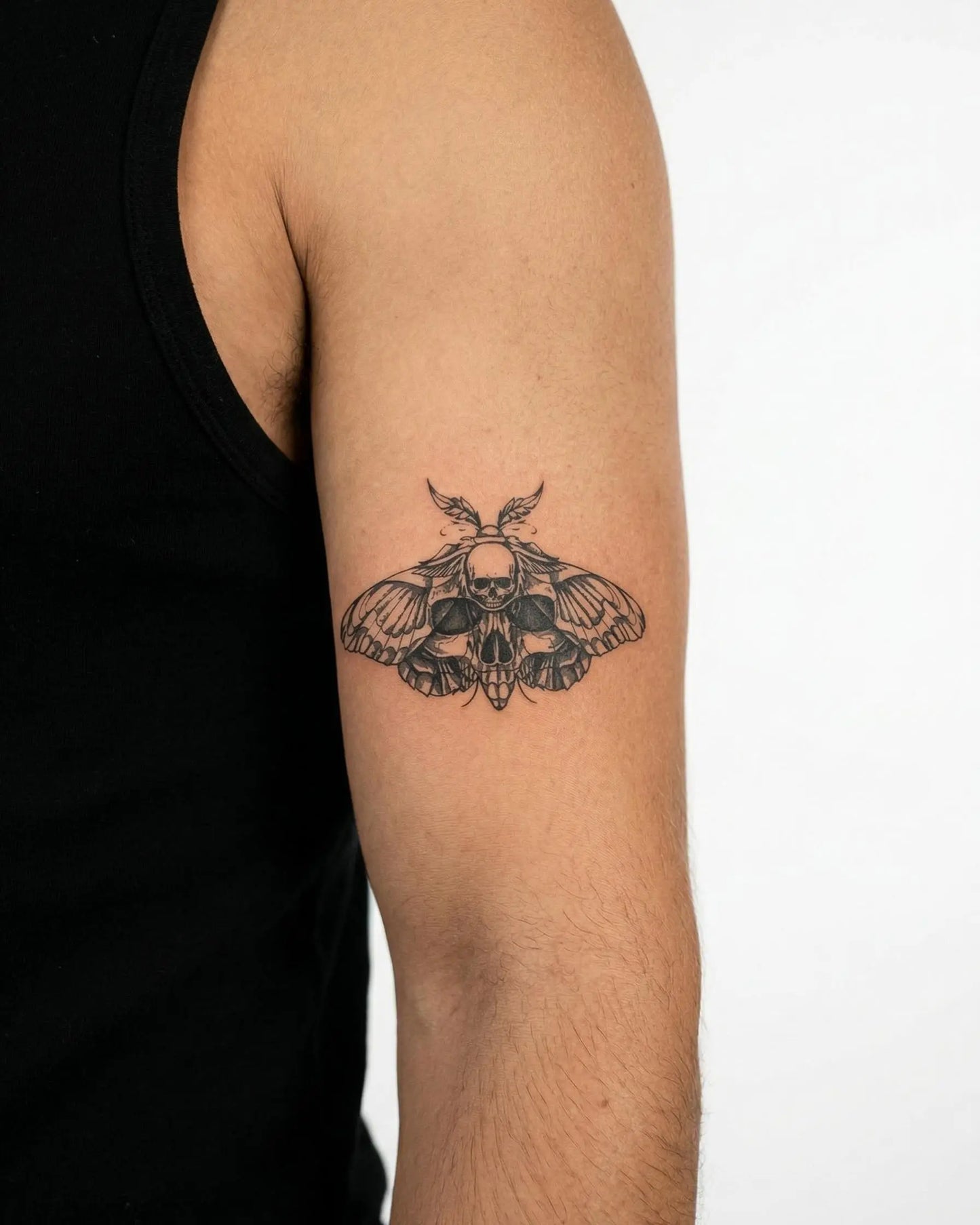 INKON Death's-Head Moth semi-permanent tattoo applied on a man – 3 x 4 in (6x11cm) design, realistic ink look, lasts 10 days