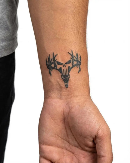 INKON Deer Skull with Antlers semi-permanent tattoo applied on a man – 2 x 2 in (5x5cm) design, realistic ink look, lasts 10 days