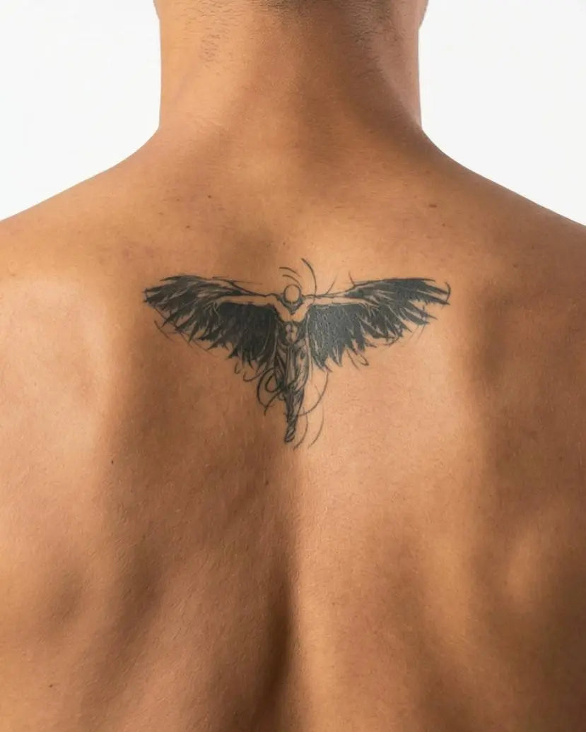 INKON Dark Angel Wings semi-permanent tattoo applied on a man – 4 x 7 in (10x17cm) design, realistic ink look, lasts 10 days