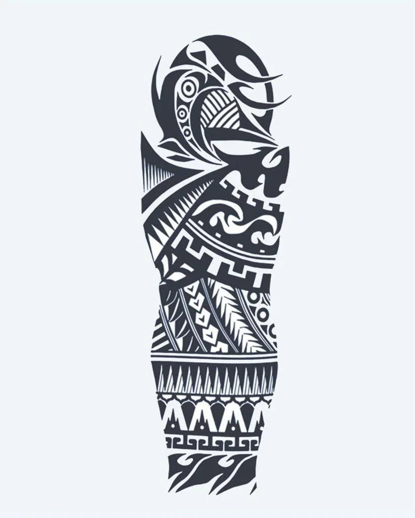 Samoan Tribal semi-permanent tattoo design by INKON – samoan, tribal, full, sleeve, geometric illustration, 8 x 20 in (20x50cm), available at inkon.co