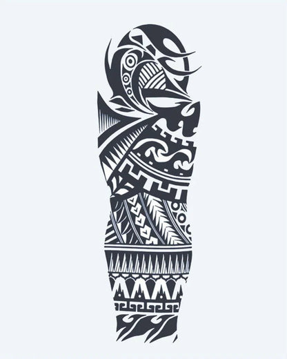 Samoan Tribal semi-permanent tattoo design by INKON – samoan, tribal, full, sleeve, geometric illustration, 8 x 20 in (20x50cm), available at inkon.co