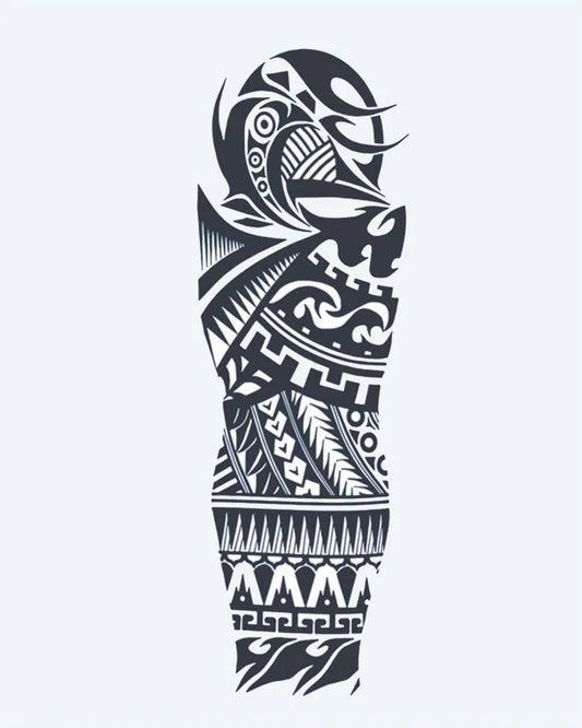 Samoan Tribal semi-permanent tattoo design by INKON – samoan, tribal, full, sleeve, geometric illustration, 8 x 20 in (20x50cm), available at inkon.co