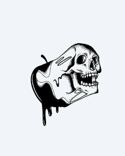 Forbidden Fruit Skull semi-permanent tattoo design by INKON – illustrative, blackwork, reveals, apple, melting illustration, 3 x 4 in (7x10cm), available at inkon.co